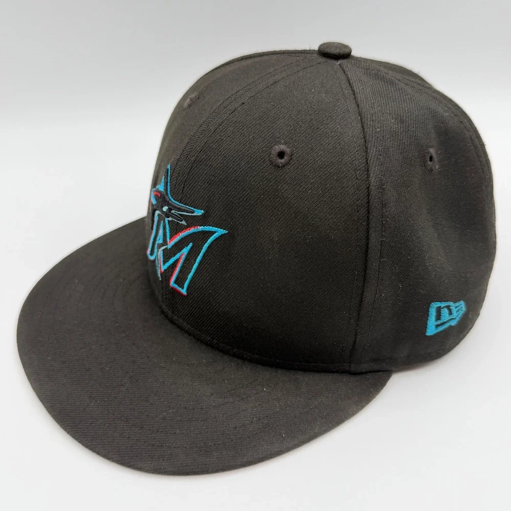 New Era Miami Marlins MLB 59FIFTY Fitted Hat Black Teal Red Logo Size 7 On-Field